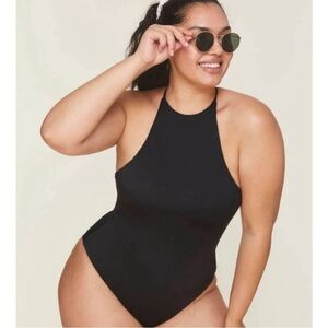 ANDIE The Asbury One Piece Swimsuit Black High Neck Criss Cross Sz L NEW
